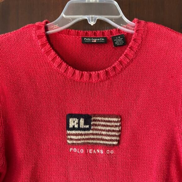 Vintage Polo Jeans Co Ralph Lauren Knit Sweater American Flag red Size Small - Picture 2 of 8